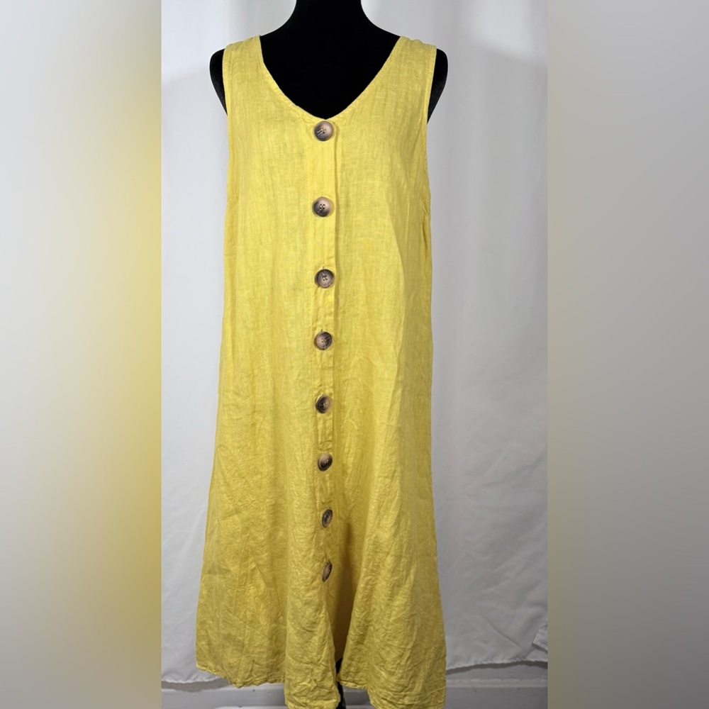 Valentina Yellow Button-Front Linen Midi Dress